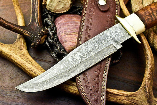 Custom Damascus Bowie Hunting Knife | Walnut Wood Handle, 8.5" Blade