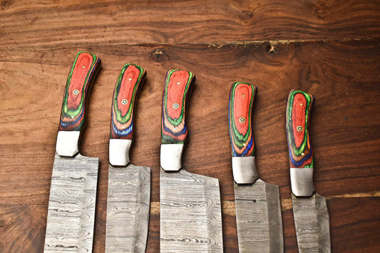 Set of 5 Handmade Hammered Damascus Steel Chef Knives – 10" to 13" Full Tang Kitchen Blades