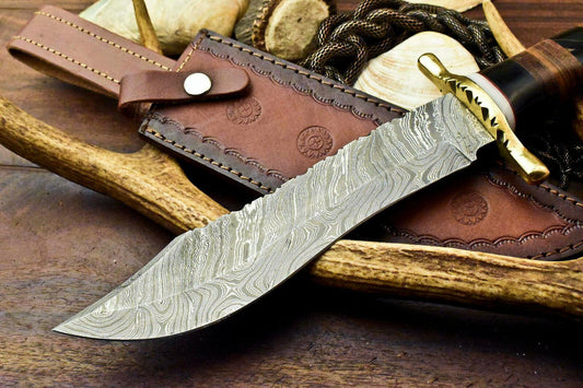 14.5” Handmade Damascus Steel Bowie Knife | Stacked Leather Handle
