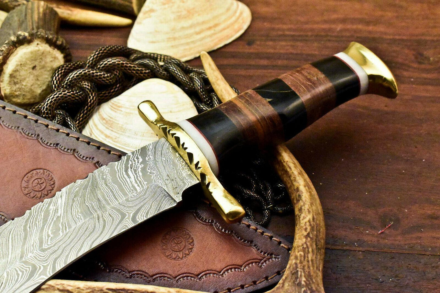 14.5" Premium Damascus Steel Knife Damascus Bowie Knife With Stacked Leather Handle