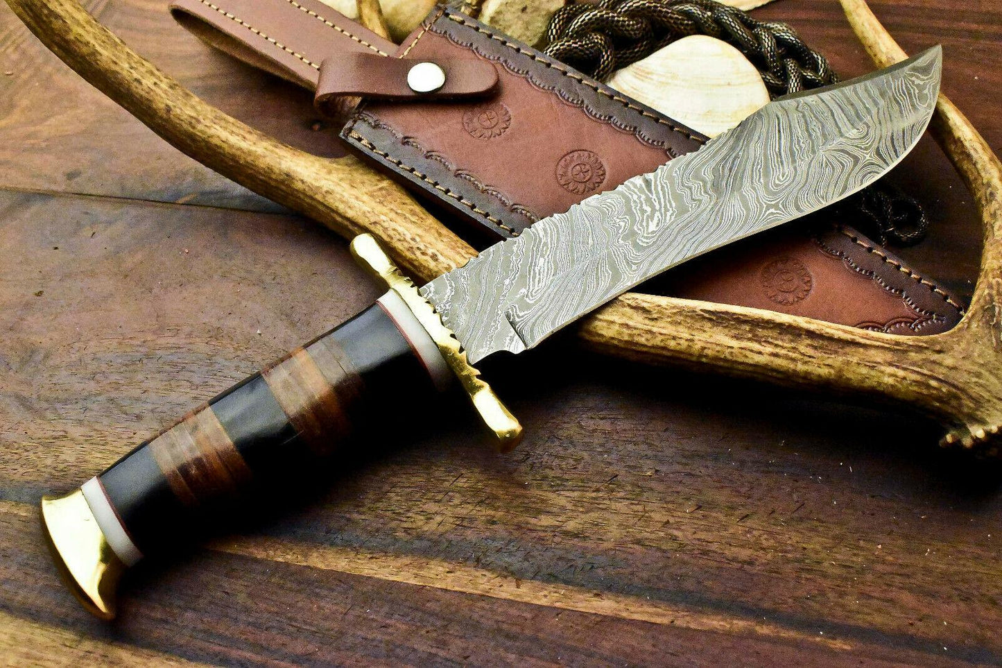 14.5” Handmade Damascus Steel Bowie Knife | Stacked Leather Handle