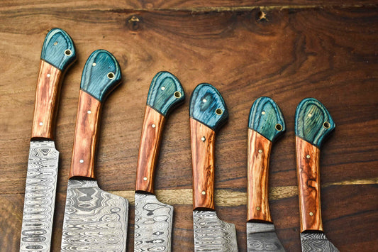 Lot of 6 Handmade Damascus Steel Blade Chef Knife Set – Forged Professional Kitchen Knives