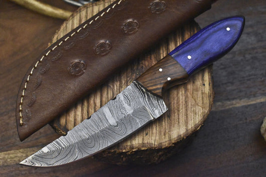 Twist Damascus Skinner Knife with Hardwood Handle and Wooden Bolster for Hunting & Sports