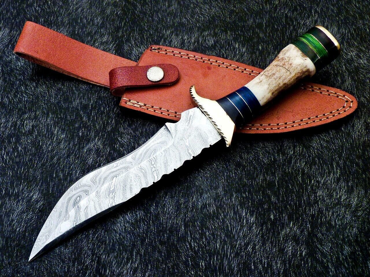 10.5" Handmade Damascus Steel Bowie Knife | Stag Horn Handle Hunting Knife