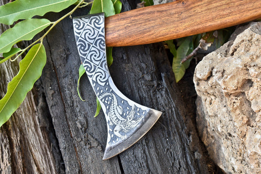 Handmade High Carbon Steel Vikings Axe – Etched Blade with Walnut Wood Handle & Leather Wrap