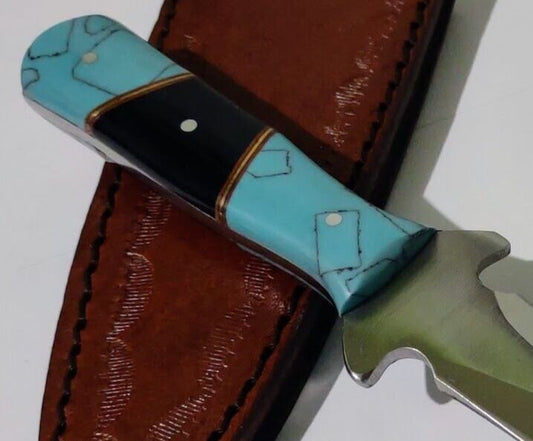 7" Full Tang Skinner Dagger Hunting Bowie Knife 440 Stainless Steel Blue Turquoise Handle with Leather Sheath