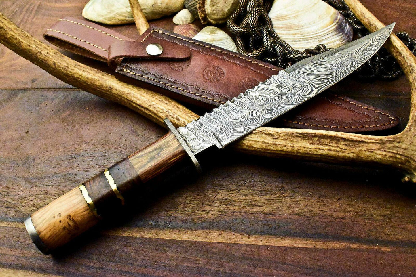 12" Handmade Damascus Bowie Knife – Walnut Wood Handle & Leather Sheath