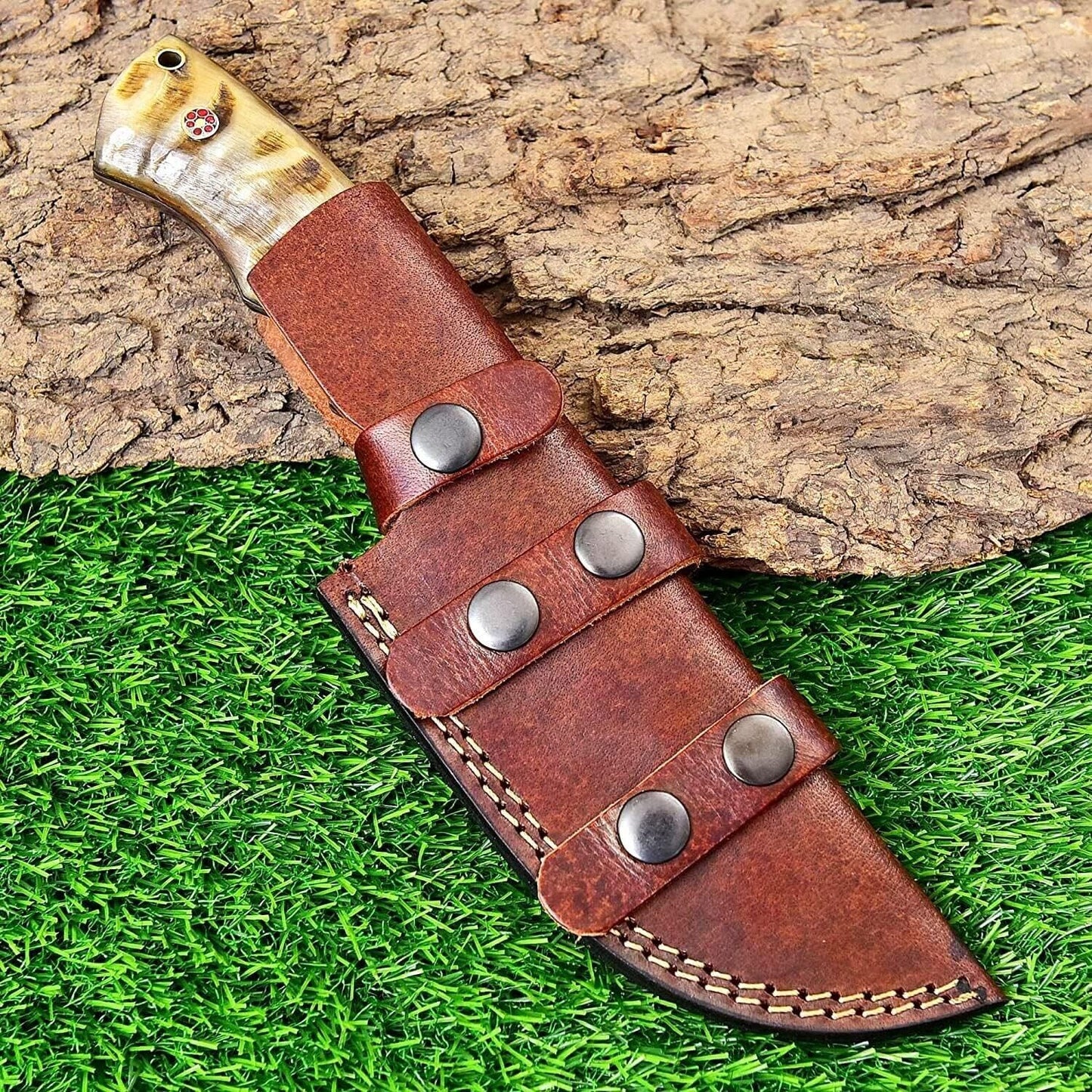 Handmade Damascus Steel Tracker Knife – Ram Horn Handle, Hand Forged Blade with Leather Sheath