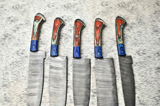 Lot of 5 Handmade Damascus Steel Chef Knives – Full Tang Kitchen Knife Set