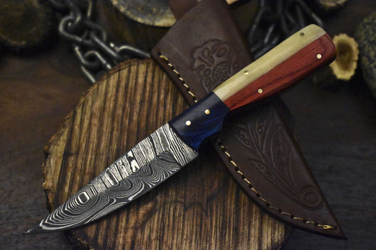 Hand Forged Damascus Skinner Knife 8" Twist Pattern Bone and Wood Handle EDC
