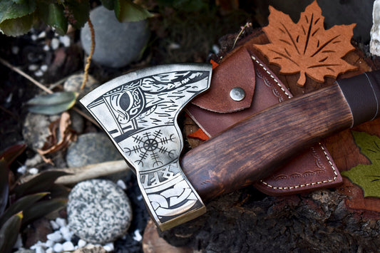 Hand-Forged Viking Axe | High Carbon Steel Etched Blade with Leather Wrapped Handle