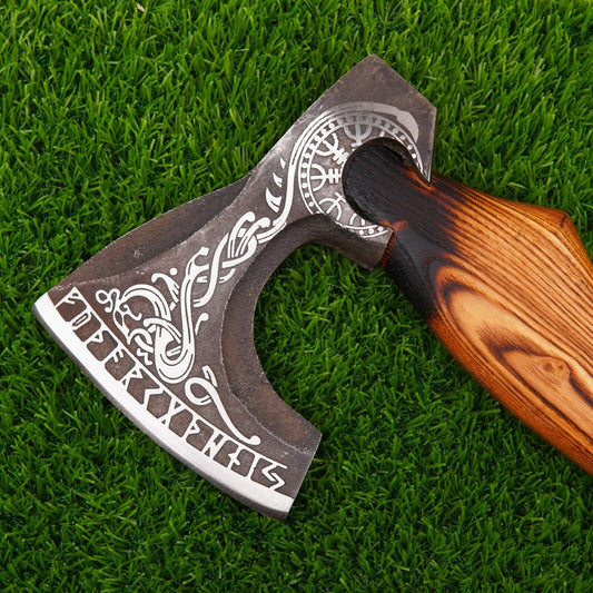 Custom Hand Forged Steel Viking Bearded Camping Hatchet Tomahawk Axe with Leather Sheath