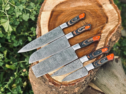 Damascus Kitchen Knife Set – Handmade 5-Piece Chef Set with Wood Handles & Leather Roll Bag