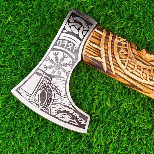 Handmade Ragnar Bearded Viking Axe Carbon Steel Battle Hatchet for Camping with Leather Sheath