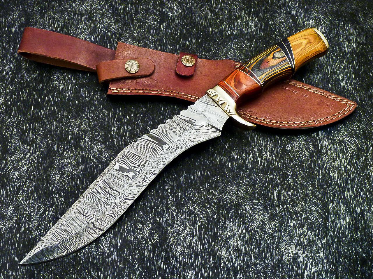 A 14.5" Hand-Forged Damascus Hunting Bowie with Hardwood Grip
