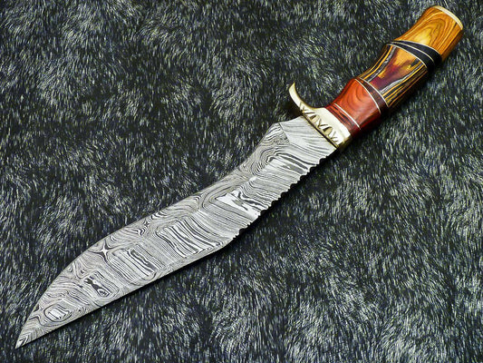 A 14.5" Hand-Forged Damascus Hunting Bowie with Hardwood Grip