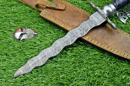 15" Damascus Steel Kris Bowie Knife | Wood Handle & Sheath