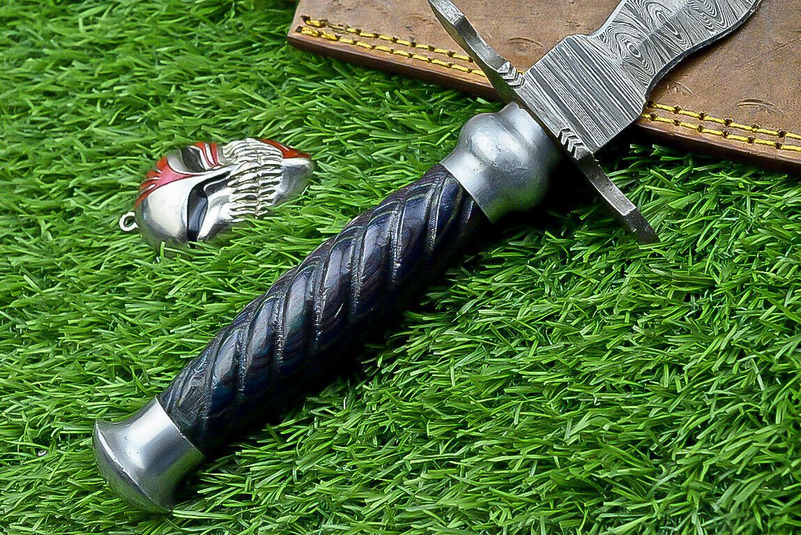 15" Damascus Steel Kris Bowie Knife | Wood Handle & Sheath