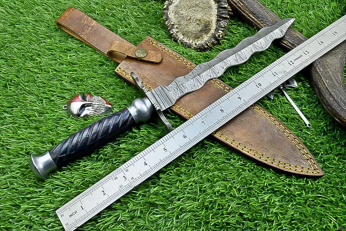 15" Damascus Steel Kris Bowie Knife | Wood Handle & Sheath
