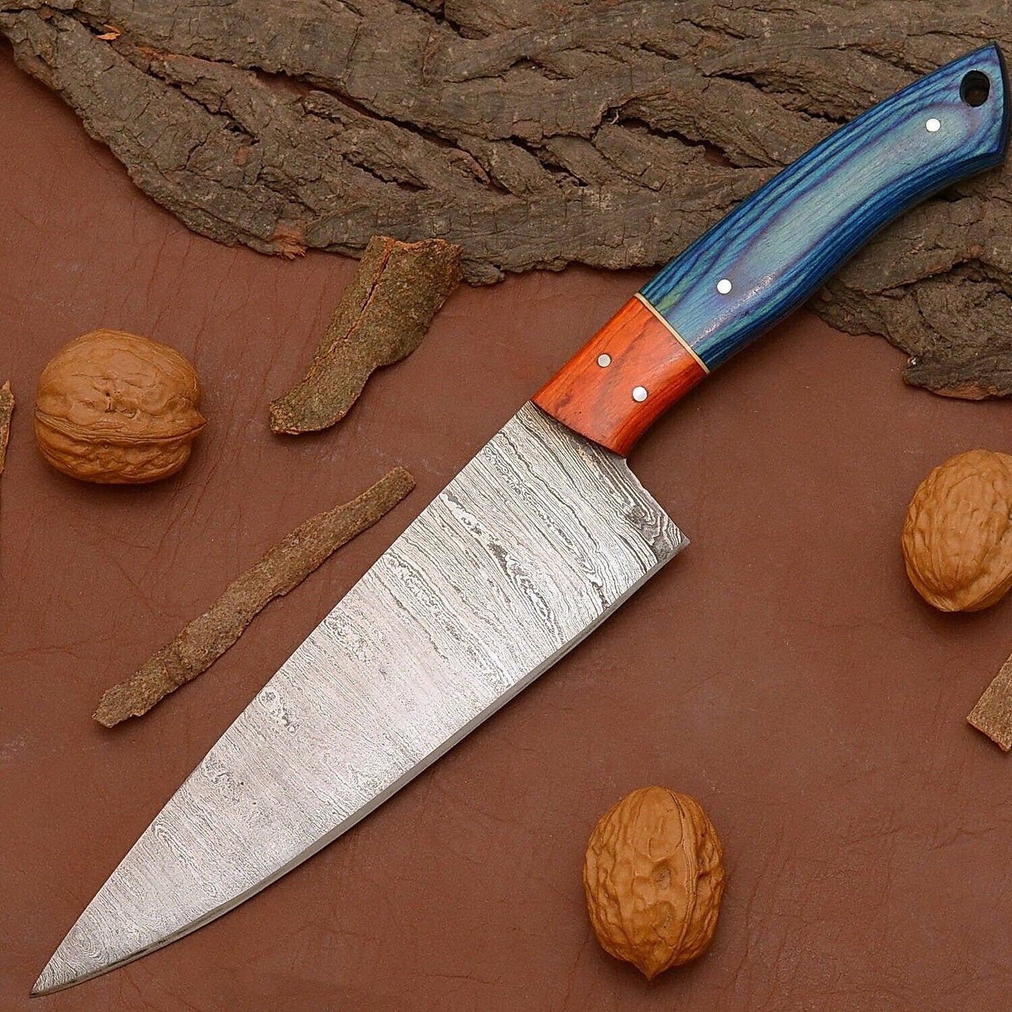 Damascus Steel Chef Knife – 12" Custom Kitchen Knife with Wooden Handle & Leather Sheath