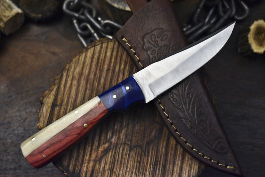 Custom Hand Forged Skinner Knife – AUS-8 Steel, Bone & Wood Handle with Micrata Bolster, 8" EDC Knife