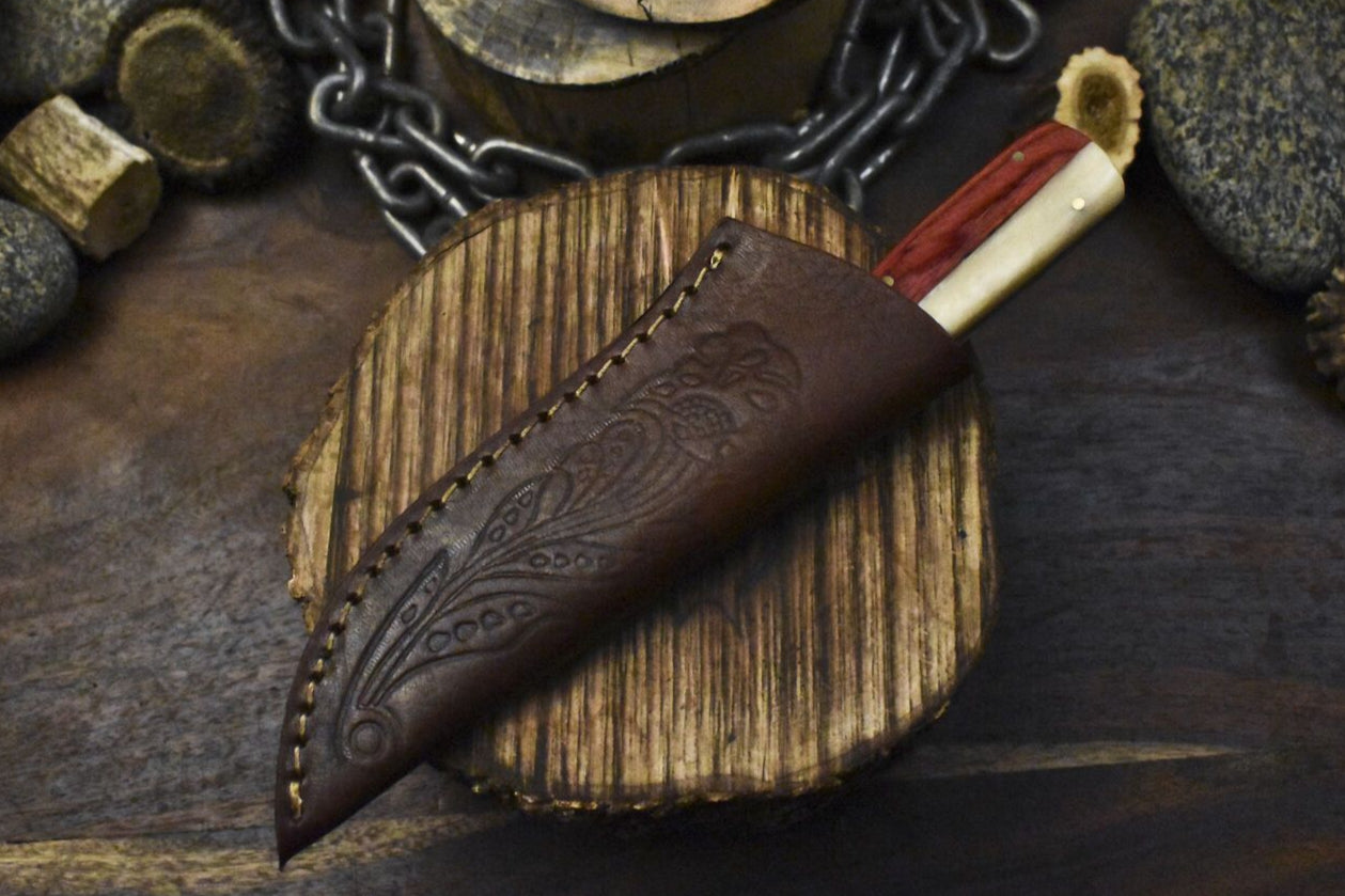 Custom Hand Forged Skinner Knife – AUS-8 Steel, Bone & Wood Handle with Micrata Bolster, 8" EDC Knife