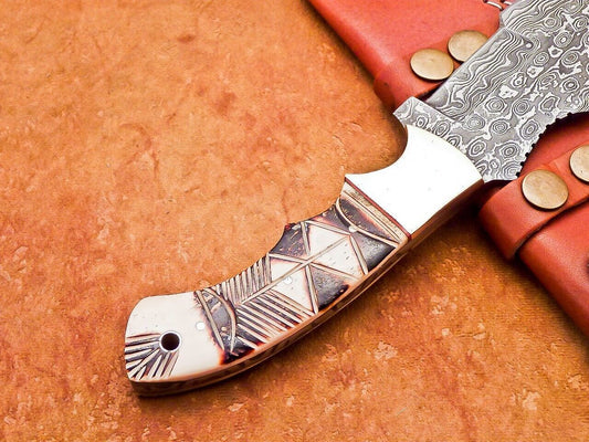 10" Heritage Forge Damascus Tracker Bowie Knife – Full Tang Engraved Camel Bone Handle