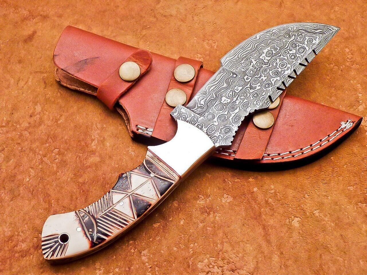 10" Heritage Forge Damascus Tracker Bowie Knife – Full Tang Engraved Camel Bone Handle