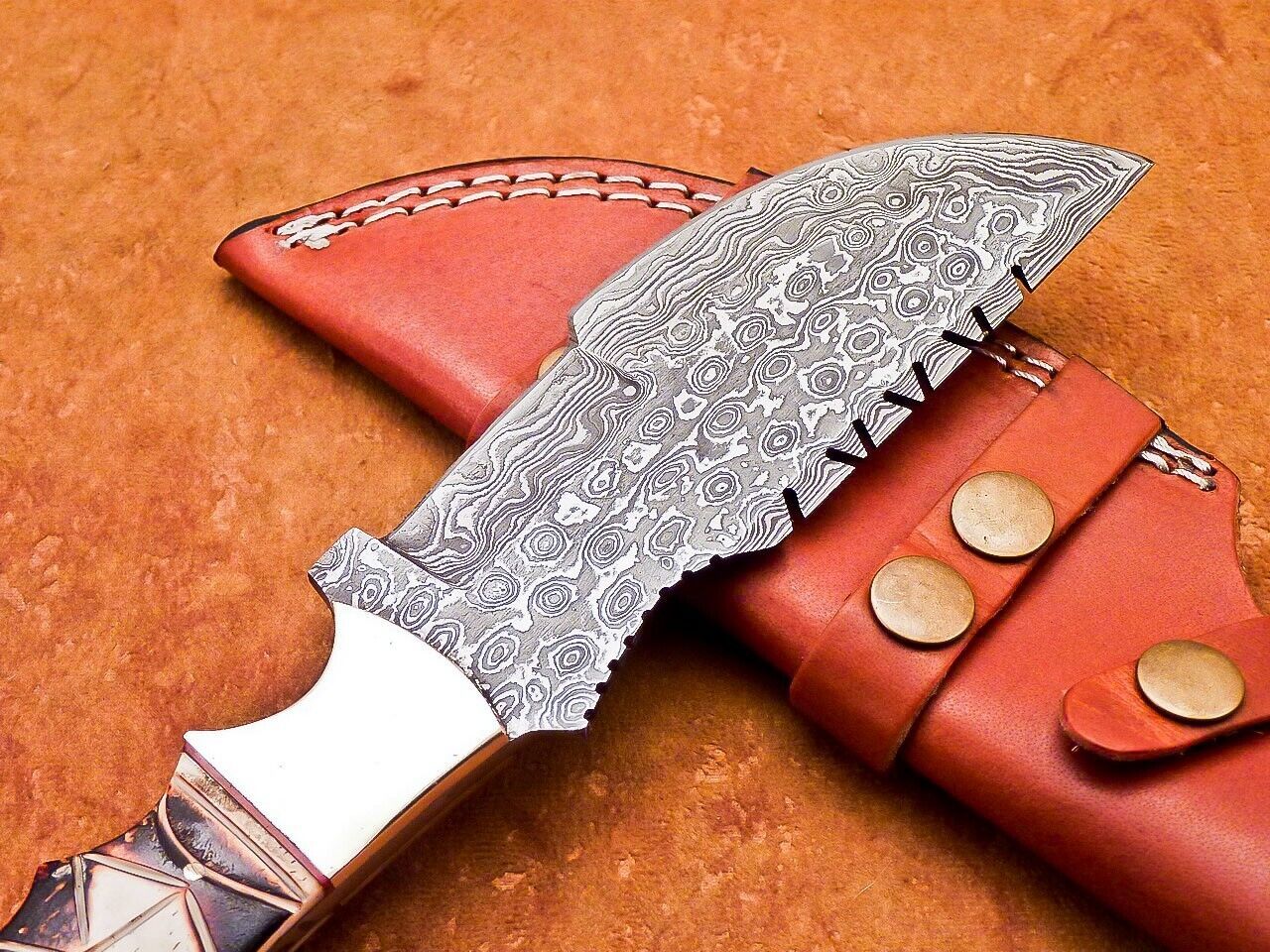 10" Heritage Forge Damascus Tracker Bowie Knife – Full Tang Engraved Camel Bone Handle