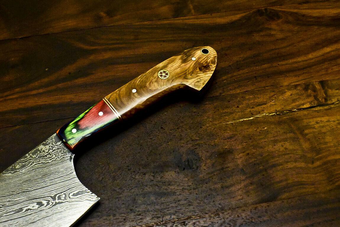 Custom Handmade Damascus Steel Hunting & Chef Knife with Olive Wood Handle, 6.2-Inch Blade, 11.2-Inch Overall