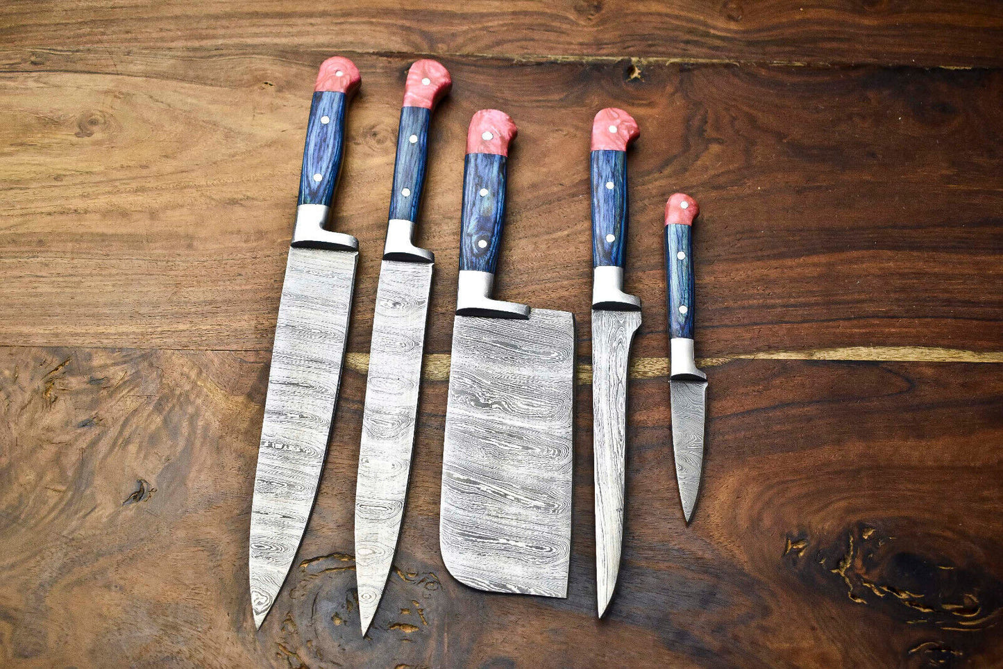 Lot of 5 Handmade Damascus Steel Blade Chef Knife Set – Full Tang, Hammered Finish