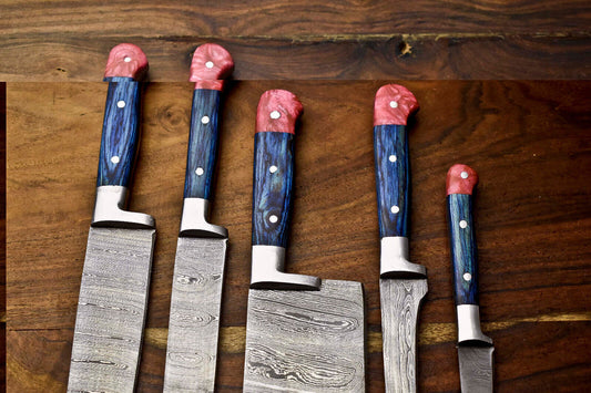 Lot of 5 Handmade Damascus Steel Blade Chef Knife Set – Full Tang, Hammered Finish