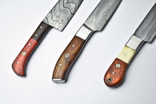 Set of 3 Handmade Damascus Steel Chef Knives – Custom Forged Kitchen Blades