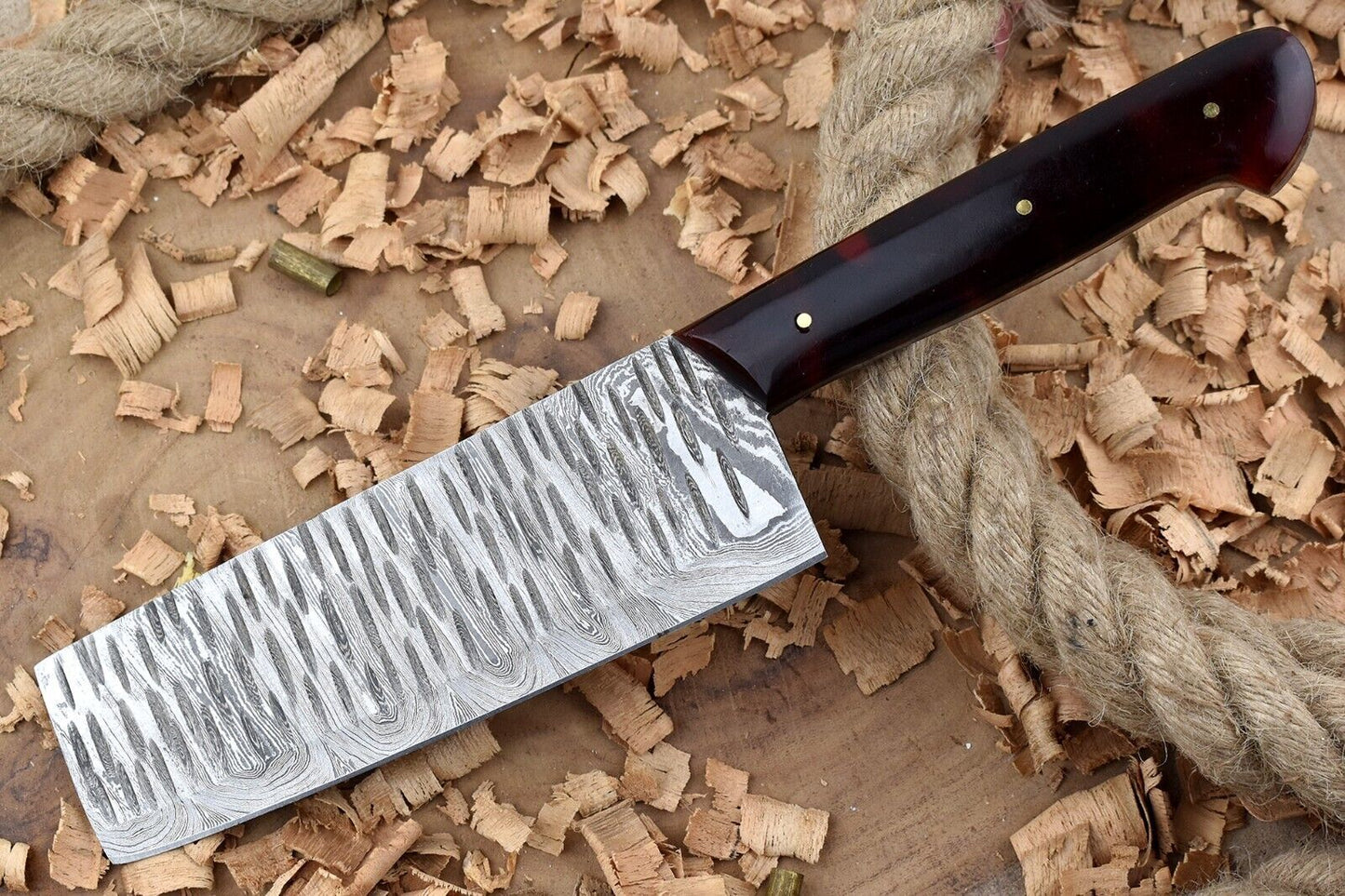 11” Custom Handmade Damascus Steel Chef Knife – Red & Black Raisin Thappa Handle