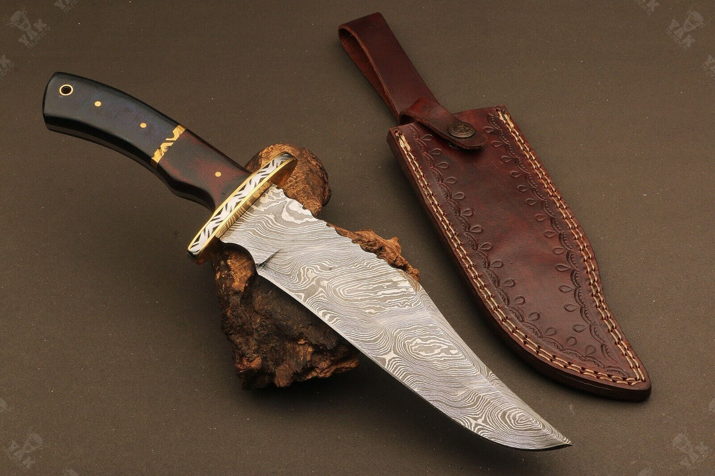 Heritage Forge 13 Inch Ladder Damascus Steel Bowie Knife with Micarta Handle for Hunting and Camping