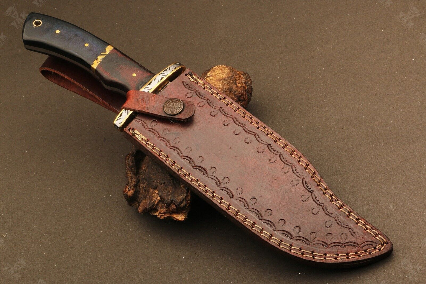 Heritage Forge 13 Inch Ladder Damascus Steel Bowie Knife with Micarta Handle for Hunting and Camping