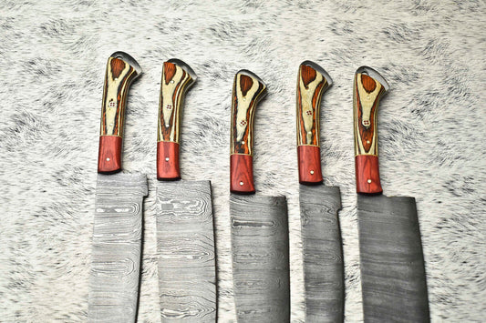 Rare Custom Lot of 5 Handmade Hammered Damascus Steel Blade Chef Knife Set