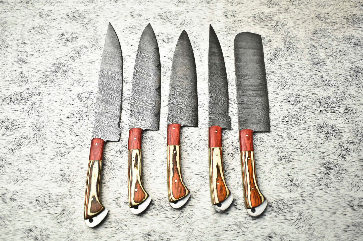 Rare Custom Lot of 5 Handmade Hammered Damascus Steel Blade Chef Knife Set