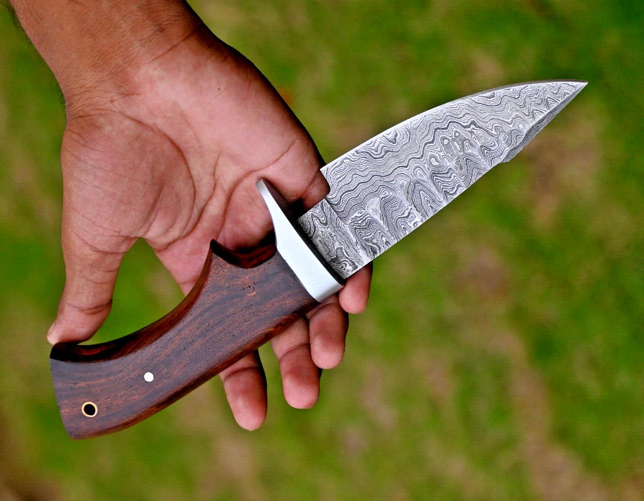 Custom Made Damascus Tracker Hunting Knife – 9" Hand Forged Full Tang Bushcraft, Camping & Survival Knife with Wood & Camel Bone Handle + Leather Sheath