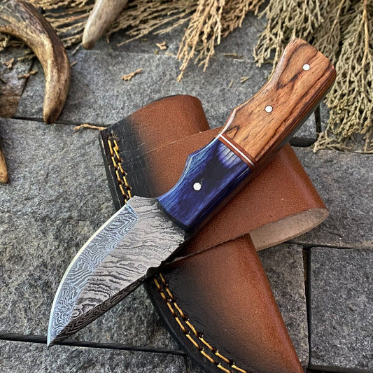 Heritage Forge 6 Inch Damascus Steel Skinner Hunting Knife with Wood Handle and Leather Sheath