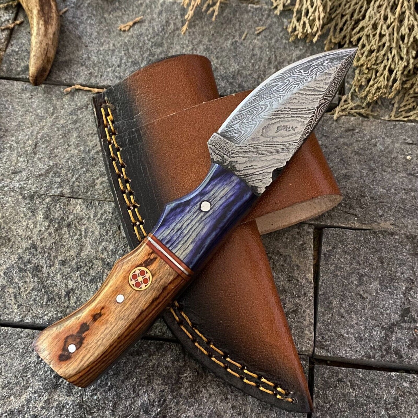 Heritage Forge 6 Inch Damascus Steel Skinner Hunting Knife with Wood Handle and Leather Sheath