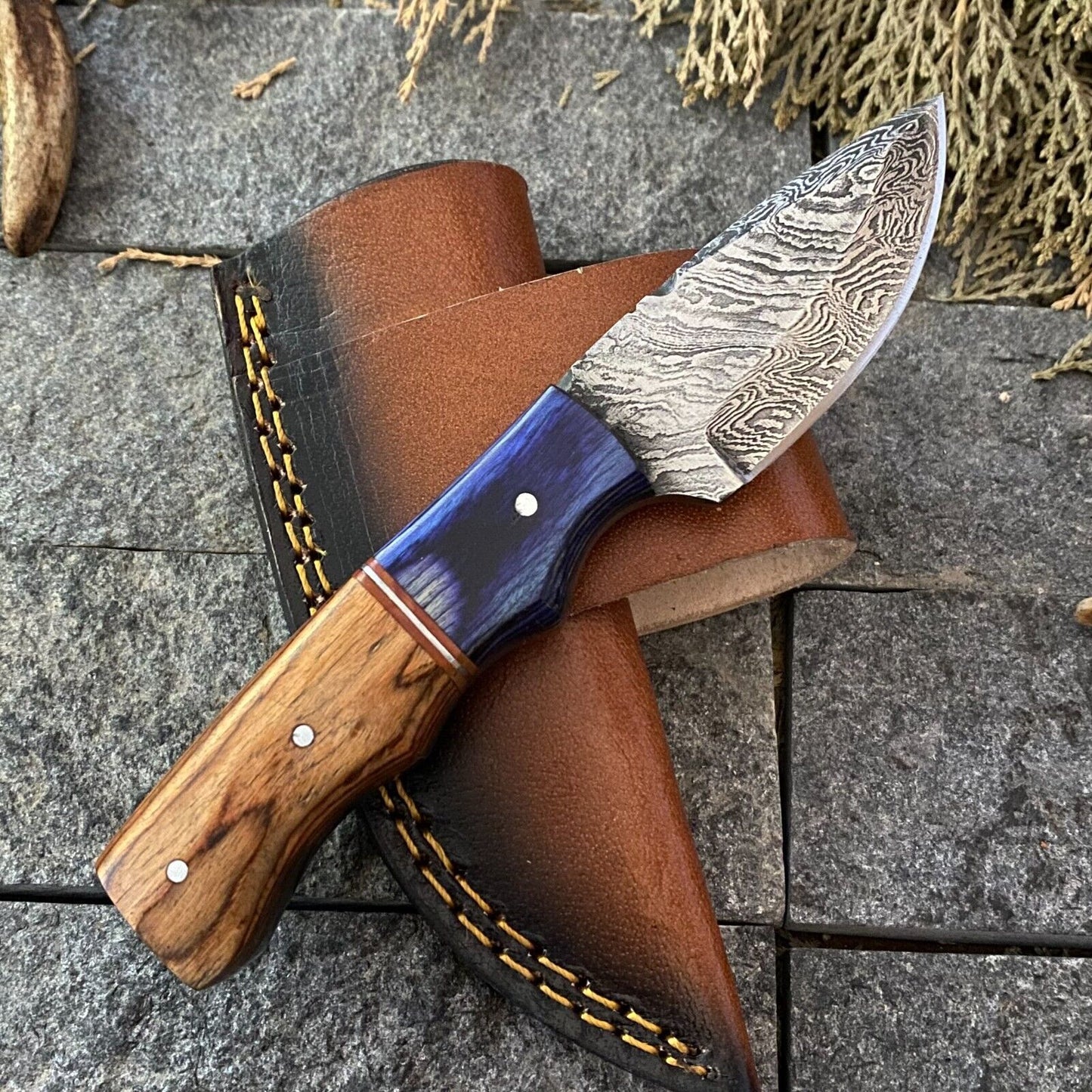 Heritage Forge 6 Inch Damascus Steel Skinner Hunting Knife with Wood Handle and Leather Sheath