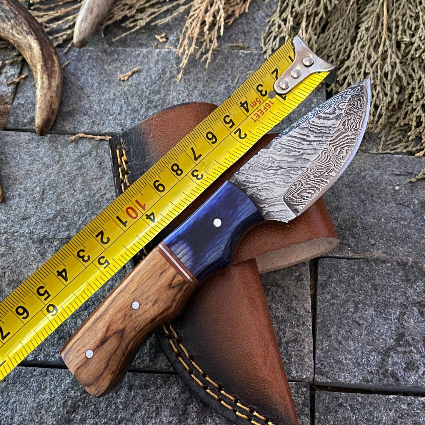 Heritage Forge 6 Inch Damascus Steel Skinner Hunting Knife with Wood Handle and Leather Sheath