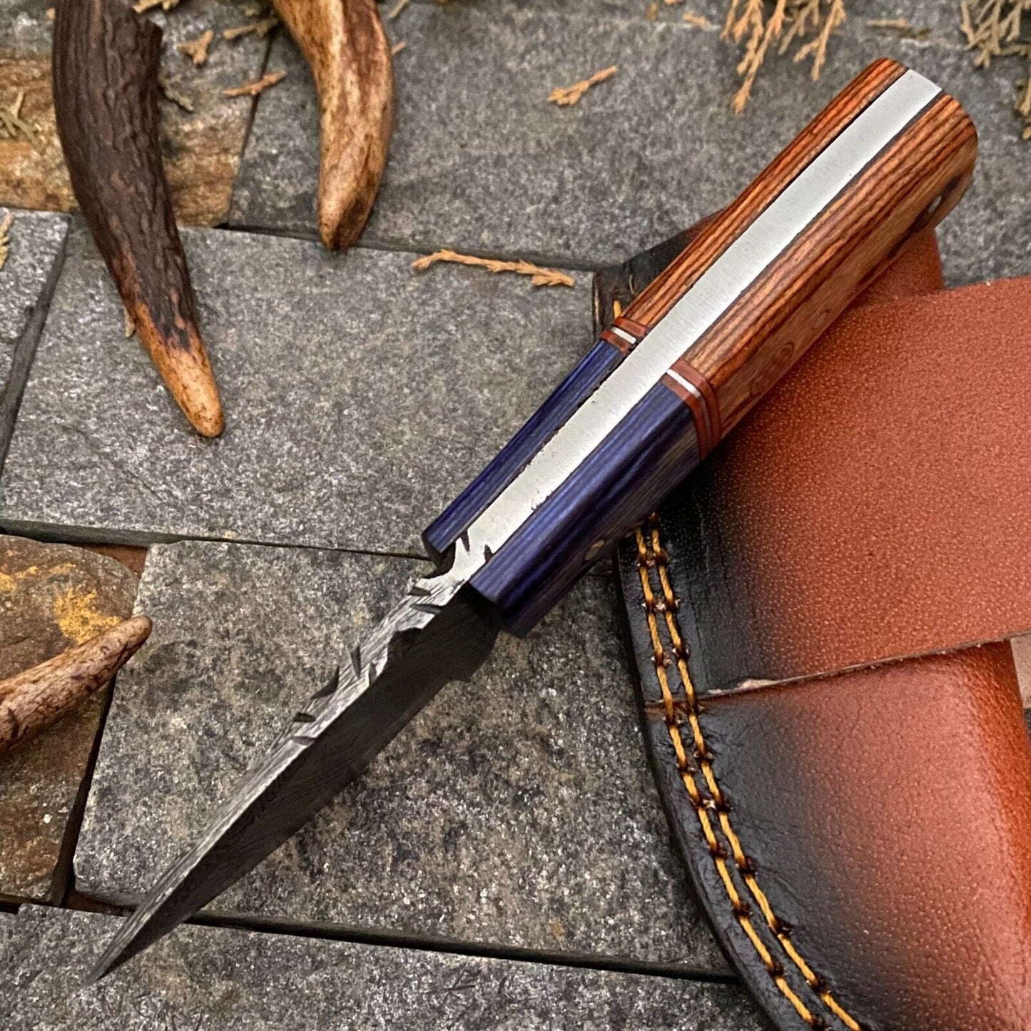 Heritage Forge 6 Inch Damascus Steel Skinner Hunting Knife with Wood Handle and Leather Sheath