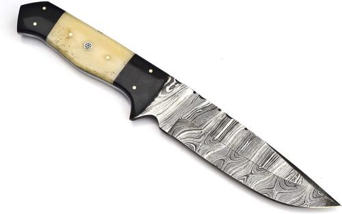 12" Handmade Damascus Bowie Knife | Camel Bone Handle with Leather Sheath