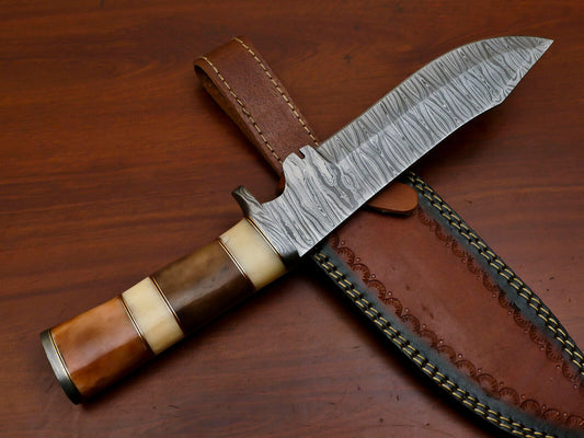 Heritage Forge 12" Damascus Steel Bowie Knife with Stained Camel Bone Handle