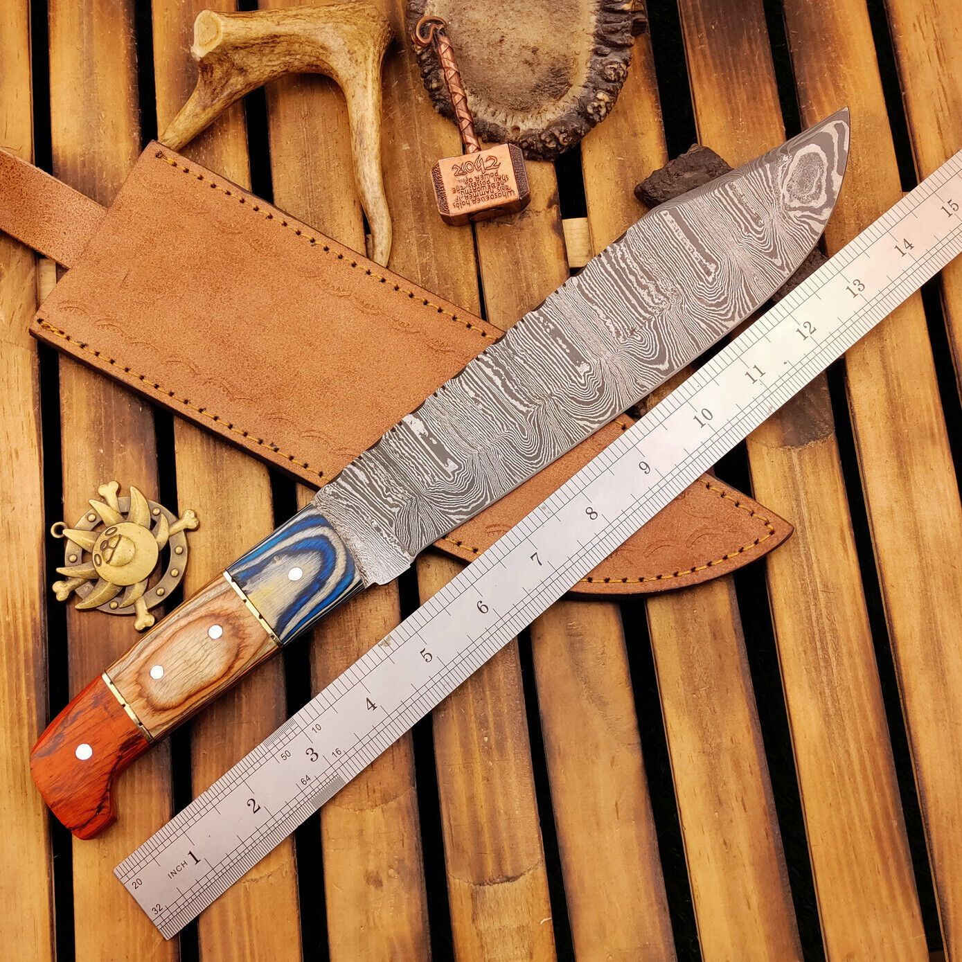 15 Inch Damascus Bowie Knife with Wood Handle Custom Handmade Hunting Knife