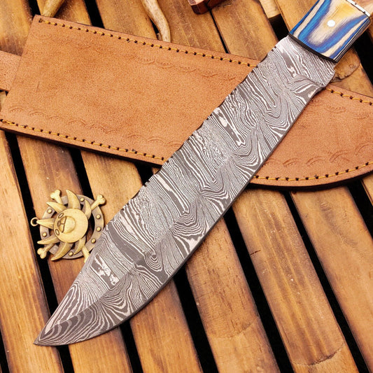 15 Inch Damascus Bowie Knife with Wood Handle Custom Handmade Hunting Knife