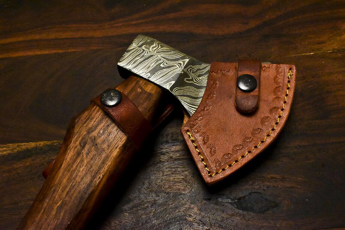 Handmade Damascus Steel Walnut Wood Tomahawk Hunting Axe Knife with Leather Sheath