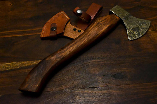 Handmade Damascus Steel Walnut Wood Tomahawk Hunting Axe Knife with Leather Sheath